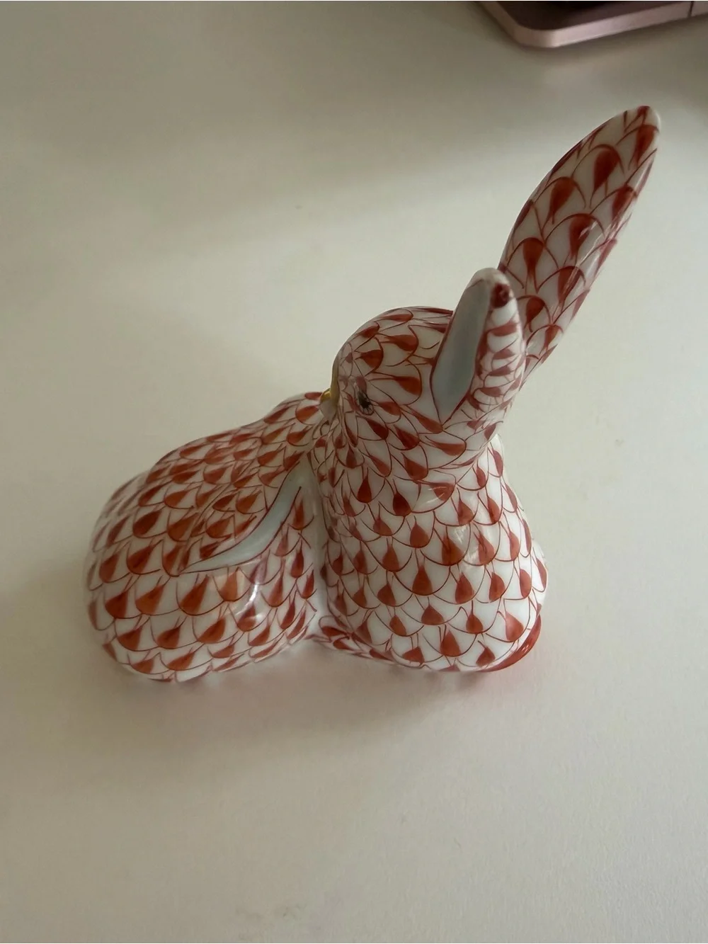 Herend Red Fishnet Porcelain Bunny with Gold Accents